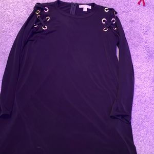 Micheal Kors black dress with gold hoops at shoulder